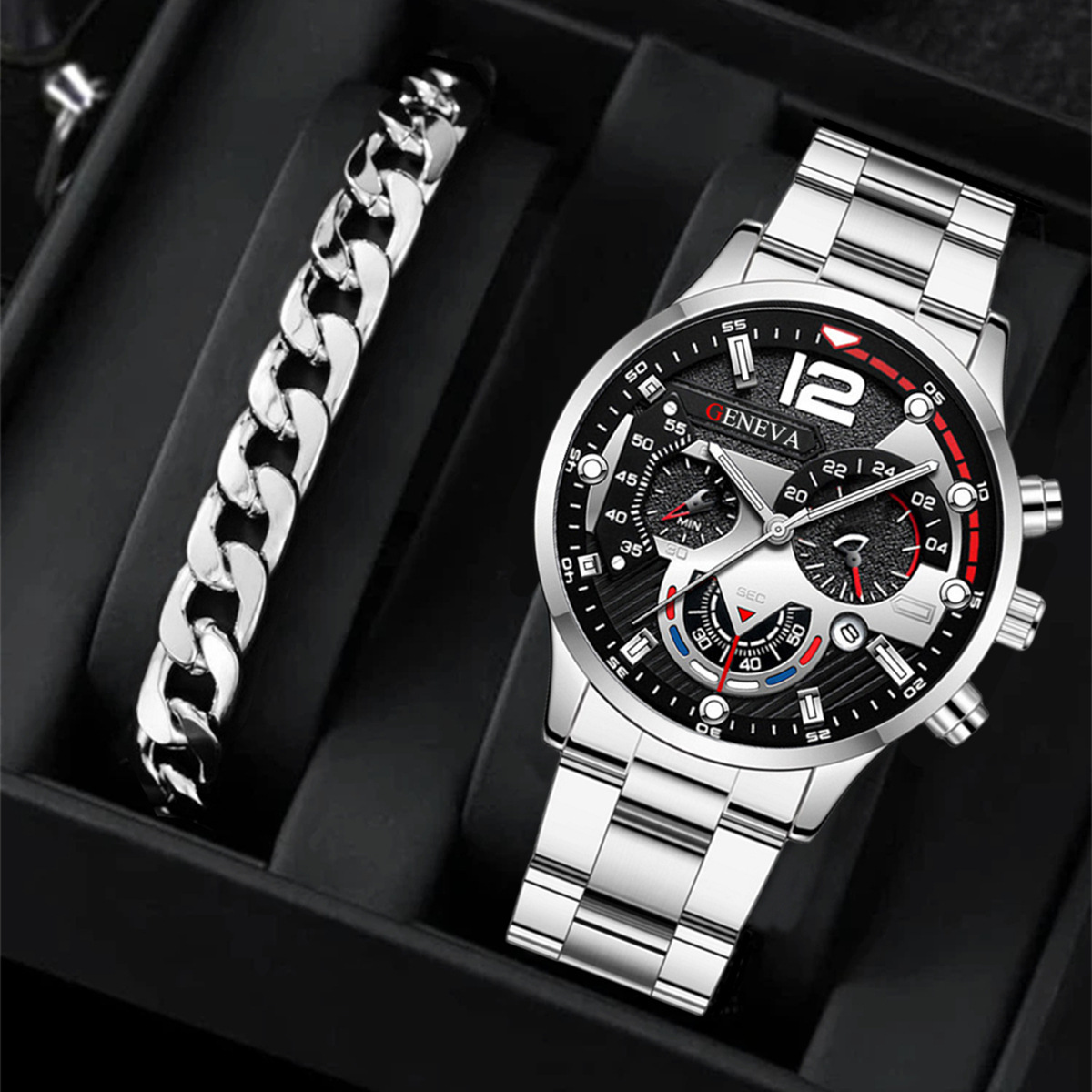 Men's Quartz Watch & Bracelet Gift Set – Stainless Steel Strap - Image 4