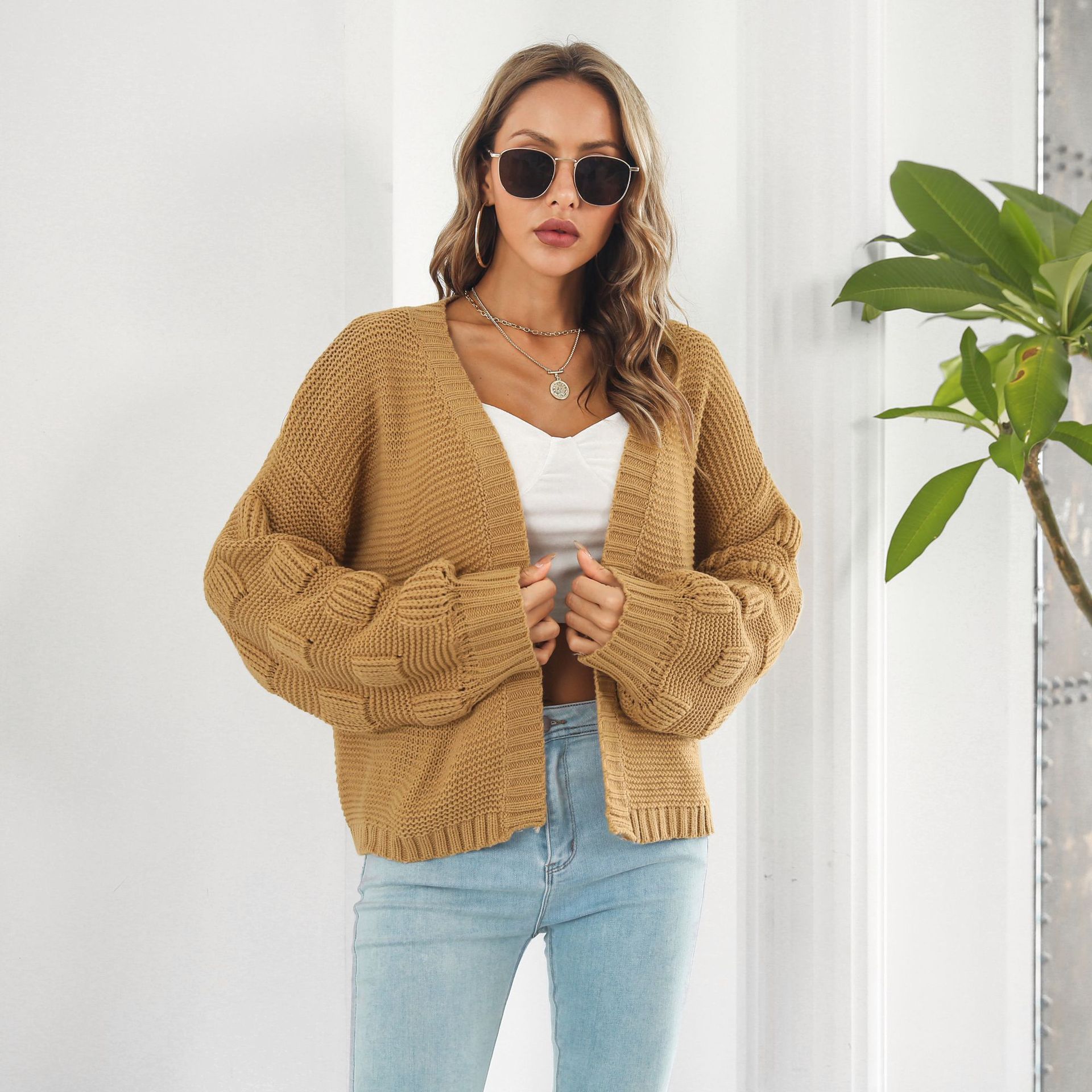 Puff Sleeve Cardigan Sweater Women Clothes Front Chunky Knitwear Coat - Image 4