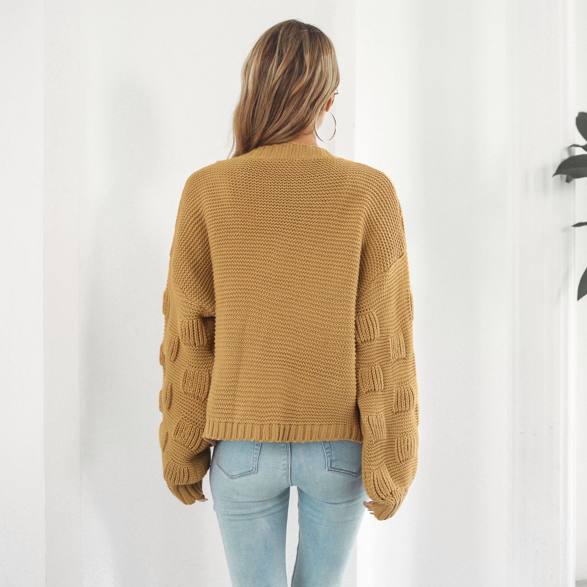 Puff Sleeve Cardigan Sweater Women Clothes Front Chunky Knitwear Coat - Image 2