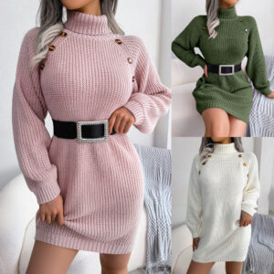 Winter Turtleneck Long Sweater Dress With Button Design Leisure Clinch Sleeve